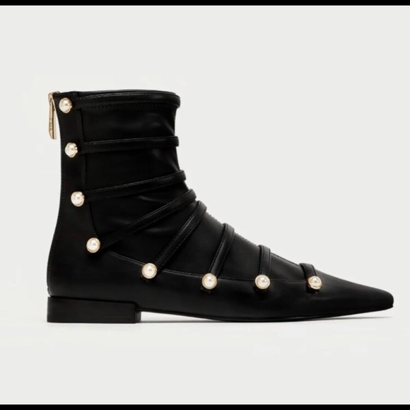 Zara Trafaluc Black Faux Pearl Ankle Boots - Picture 1 of 6